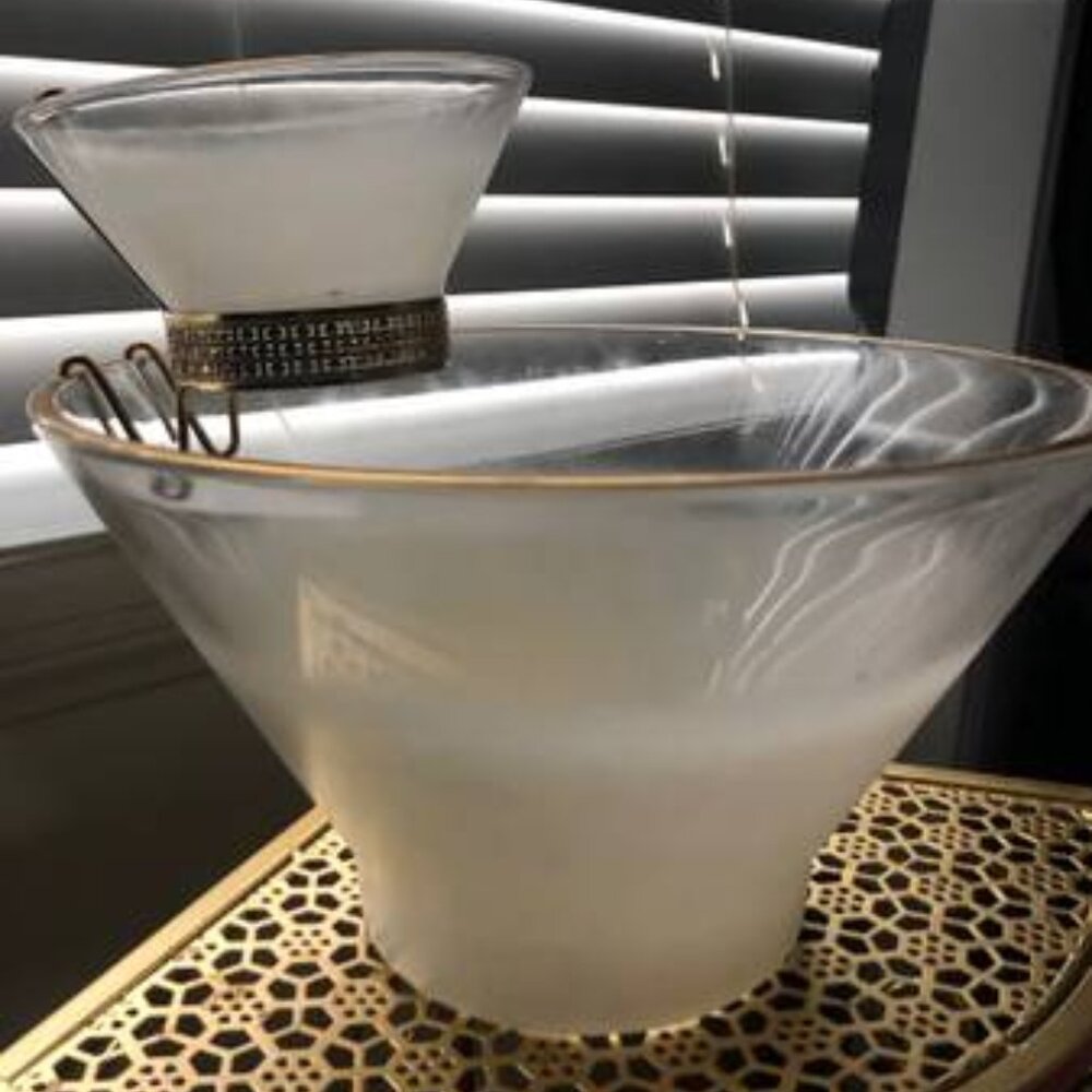 Vintage MCM Blendo White Frosted 3 Piece Chip & Dip Bowl Set with Holder